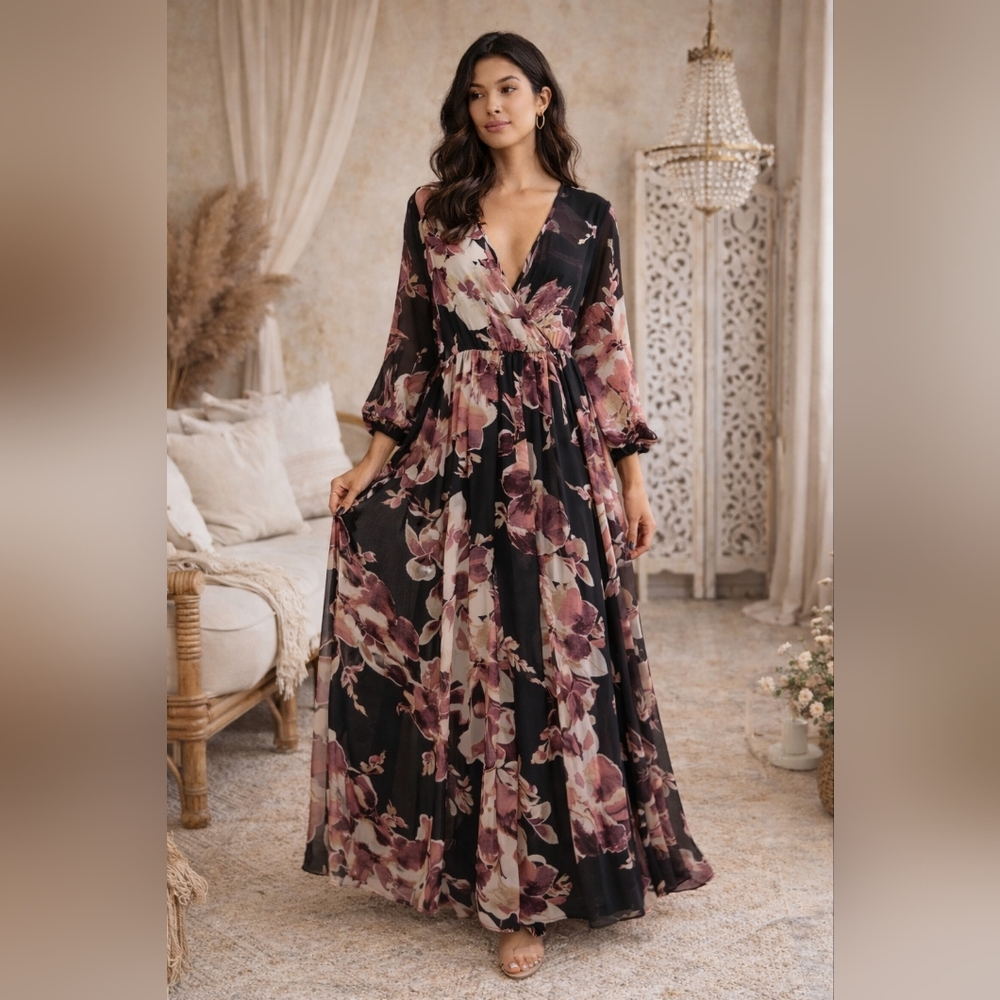 Chic Watercolor Floral FauxWrap Maxi Dress S Dark Fairy Dressy Whimsigoth Boho